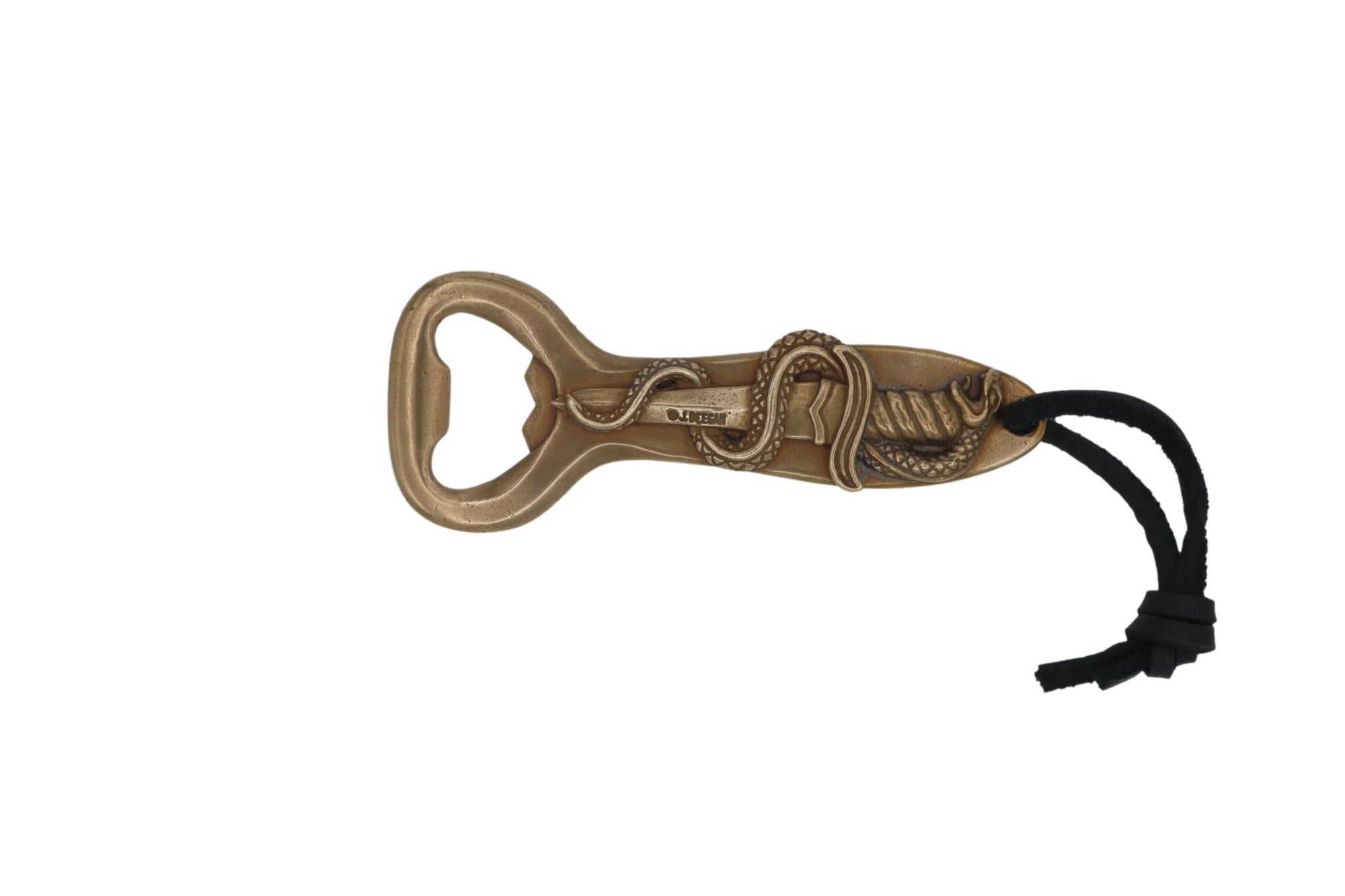 Front view of the bronze Snake Dagger Bottle Opener in bronze with leather thong cord
