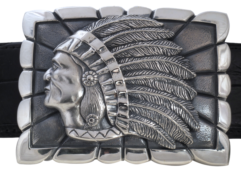 One of a series of Big Chief buckles, this trophy style depicts the head of the Chief in side profile and sits on a rectangular, scalloped edge base. For 1.5" straps.