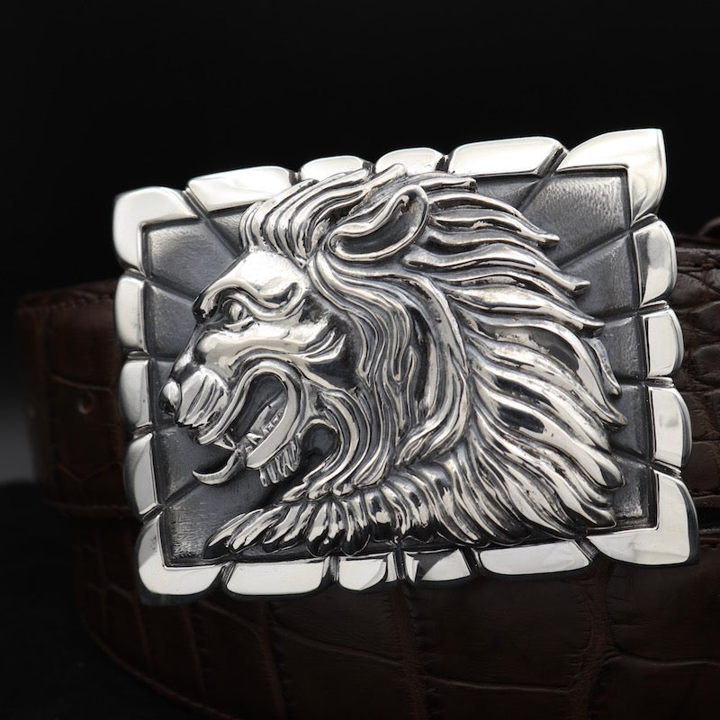 The Lion Head in Profile, rectangular trophy in sterling for 1.5" belts.