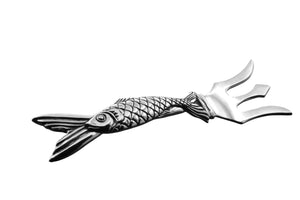 Sterling silver Sardine fork with a fish shaped handle and wide tines.