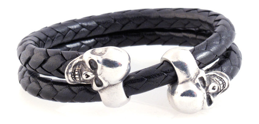 Sterling Double Skull Adjustable Leather Bracelet