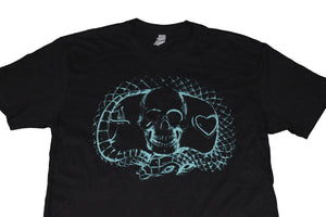 Deegan Logo T black cotton t with teal printing on front and back of Deegan buckle design