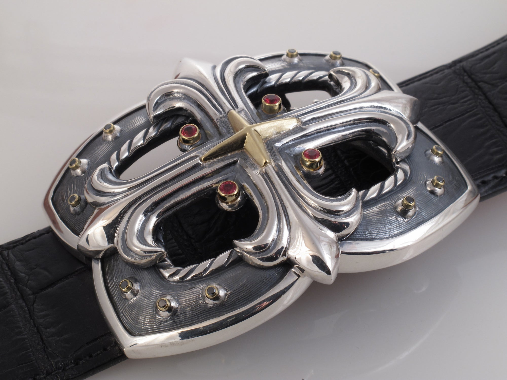 #1335 Custom Sterling, 18kt Buckle with Diamonds, Sapphires, front view