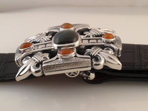 #1328 Gothic Cross, Fluer di Lis Sterling Trophy Buckle with Labrodorite, Carnelian stones