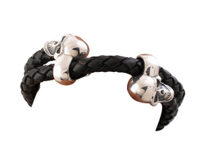 Double Skull Sterling/Leather Bracelet