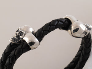 Double Sterling Skulls/Leather Adjustable Bracelet