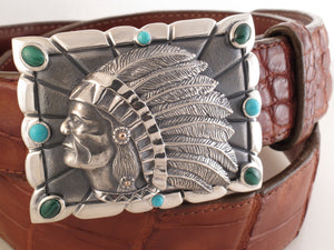  Indian Chief Sterling trophy buckle w/turquoise, malachite