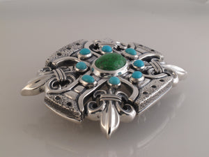 #1328 Custom Sterling Trophy Buckle Turquoise, Spinel, Maw Sit Sit