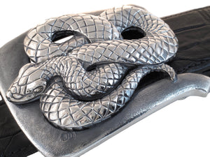 Angled top view of Coiled Snake buckle on 1.5" strap.