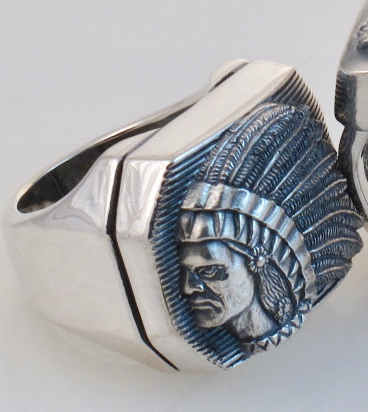 "#DR - 13 Sterling Large Big Chief Ring seen from the top front view."