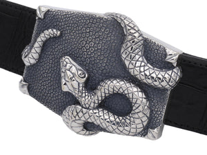 Angled front view of the Snake Wrapped Trophy buckle showing the Snake's body wrapping around the edges of the buckle base.