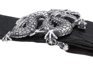 Side view of the sterling Freestanding Dragon buckle on Black Alligator 1.5" strap.