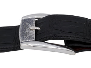 Side view of Sterling Textured Front Dress buckle on a black alligator strap.