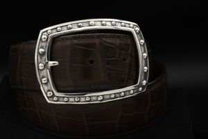 #1399 Sterling Buckle of a Beaded Frame  design that is in a rectangular shape on a dark brown Alligator 1.5" belt.