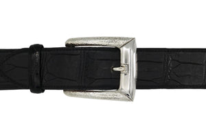 Style #1393, classic harness buckle with polished and hammer texture finish. Shown on black alligator strap.