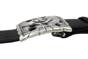 Side view of the Sterling Ouroboros Snake trophy style buckle on a black belt, the Skull swing bar is visible underneath.