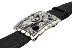 the Sterling Ouroboros Snake trophy style buckle is here shown from a front angled view on a black alligator 1.5" belt. This view clearly gives a visual of the dimension of the carved snake.