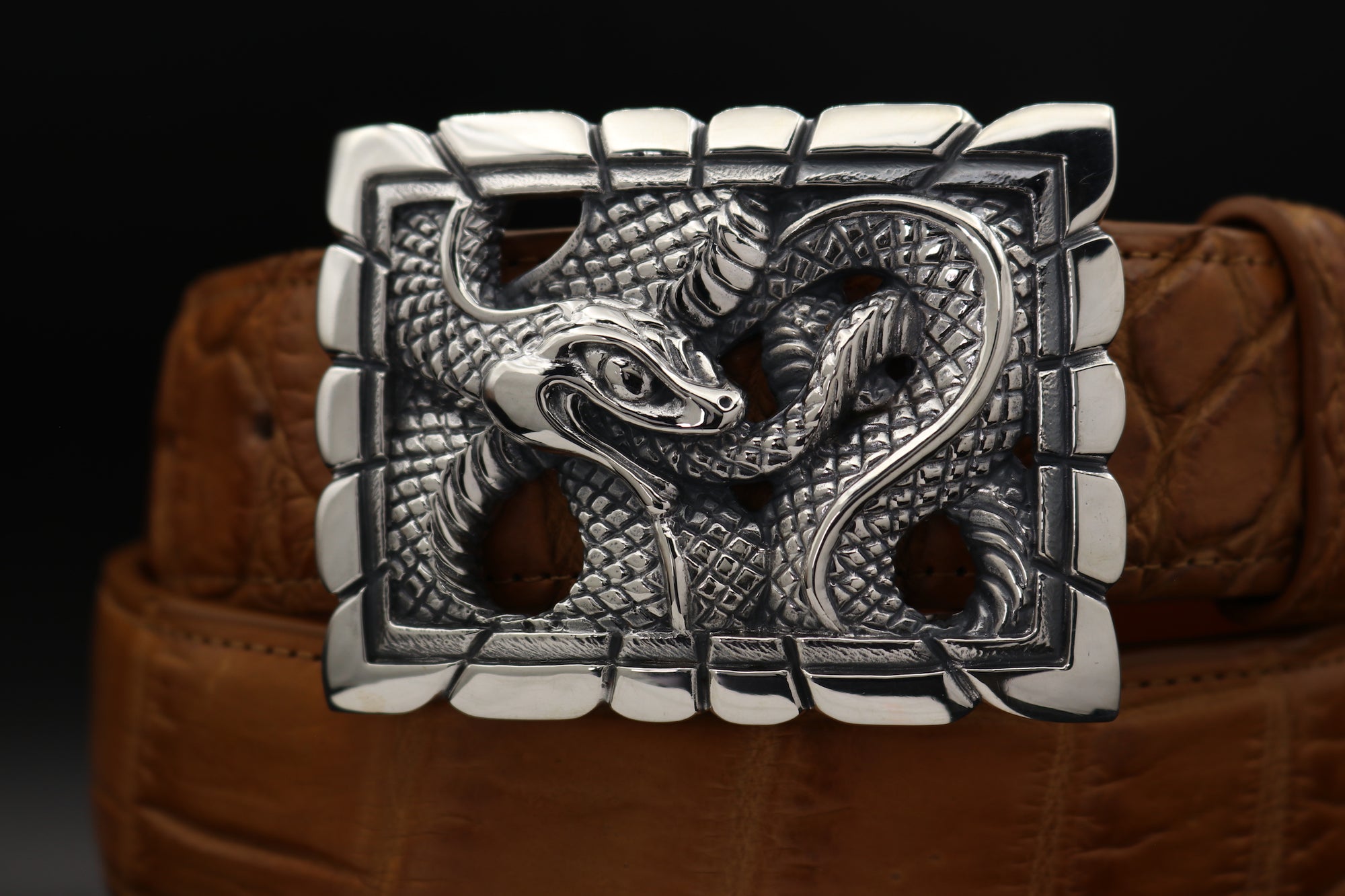 The Ouroboros Scalloped trophy style buckle, in Sterling, is shown in a front facing image on a black belt. 
