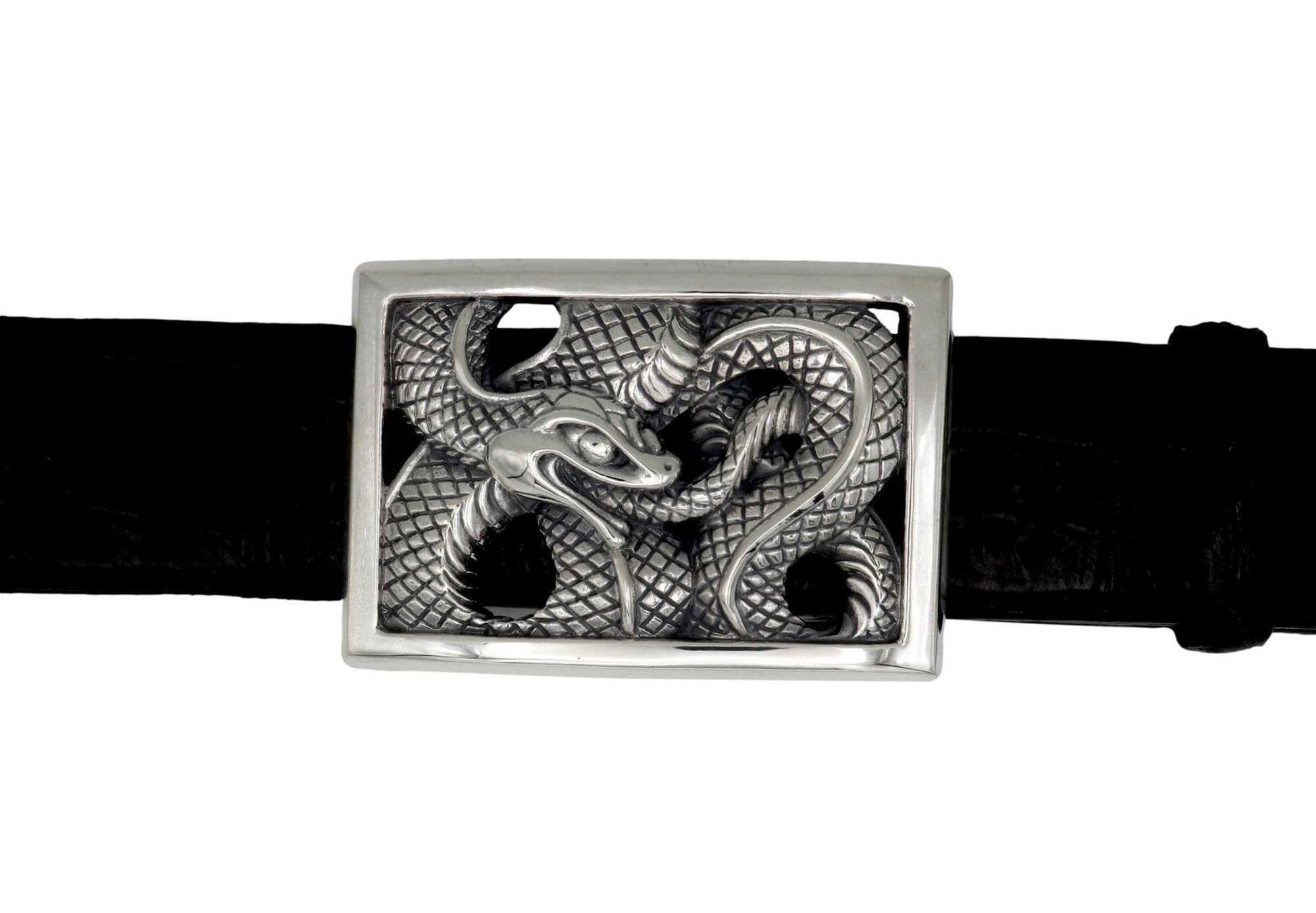 Front view of the Sterling  Ouroboros Rectangular Frame buckle on a black 1.5" belt.