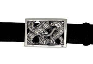 Front view of the Sterling  Ouroboros Rectangular Frame buckle on a black 1.5" belt.