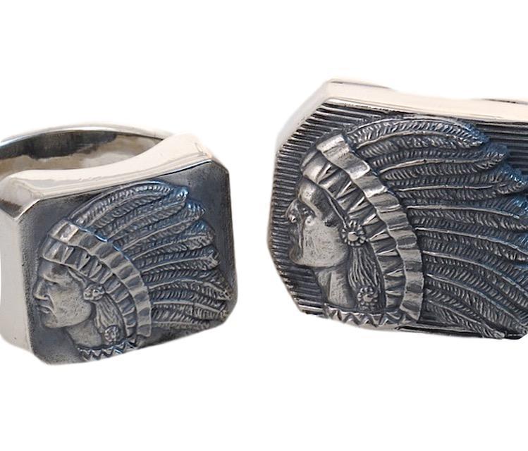 The Ring Collection is represented by an image of the two sizes of the Big Chief rings. This sterling design depicts the Big Chief in side profile on the rectangular top of the ring.