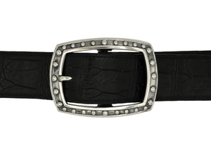 Sterling Buckle of a bowed out rectangular shape, narrow frame with beaded edging on black belt. fits 1.5" belt.