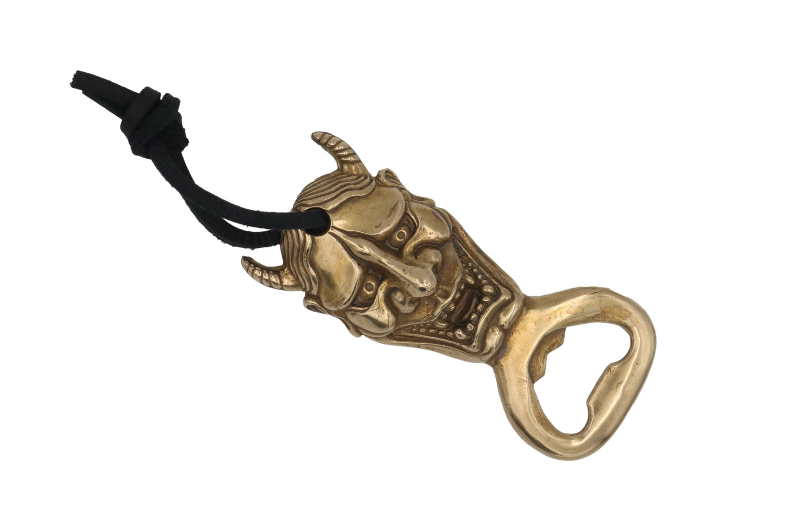Bronze Hanya Mask Bottle Opener with a leather cord attached.