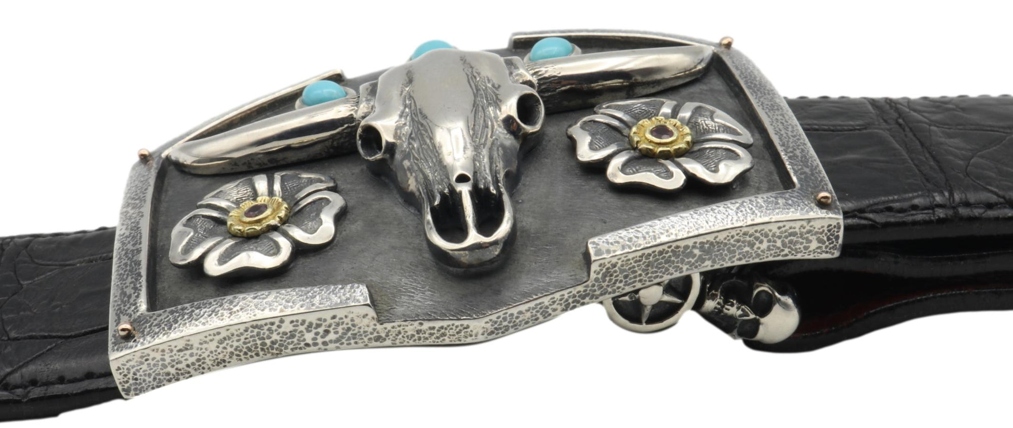 #1358 Custom Sterling Skull Trophy Buckle with Stones front view