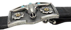 #1358 Custom Sterling Steer Skull buckle with stones side view