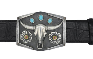 #1358 Custom Sterling Skull Trophy Buckle with Stones front view