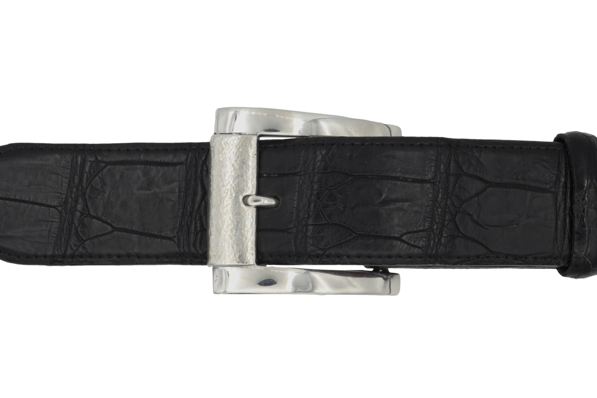 Black leather belt with a silver buckle on a white background