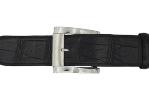 Black leather belt with a silver buckle on a white background