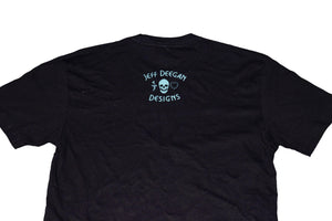 Back of T shirt showing Deegan logo printed in teal at top of shirt.