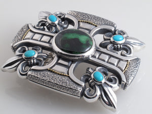#1228 Custom Sterling Gothic Cross , Fluer di Lis Trophy Buckle with Stones