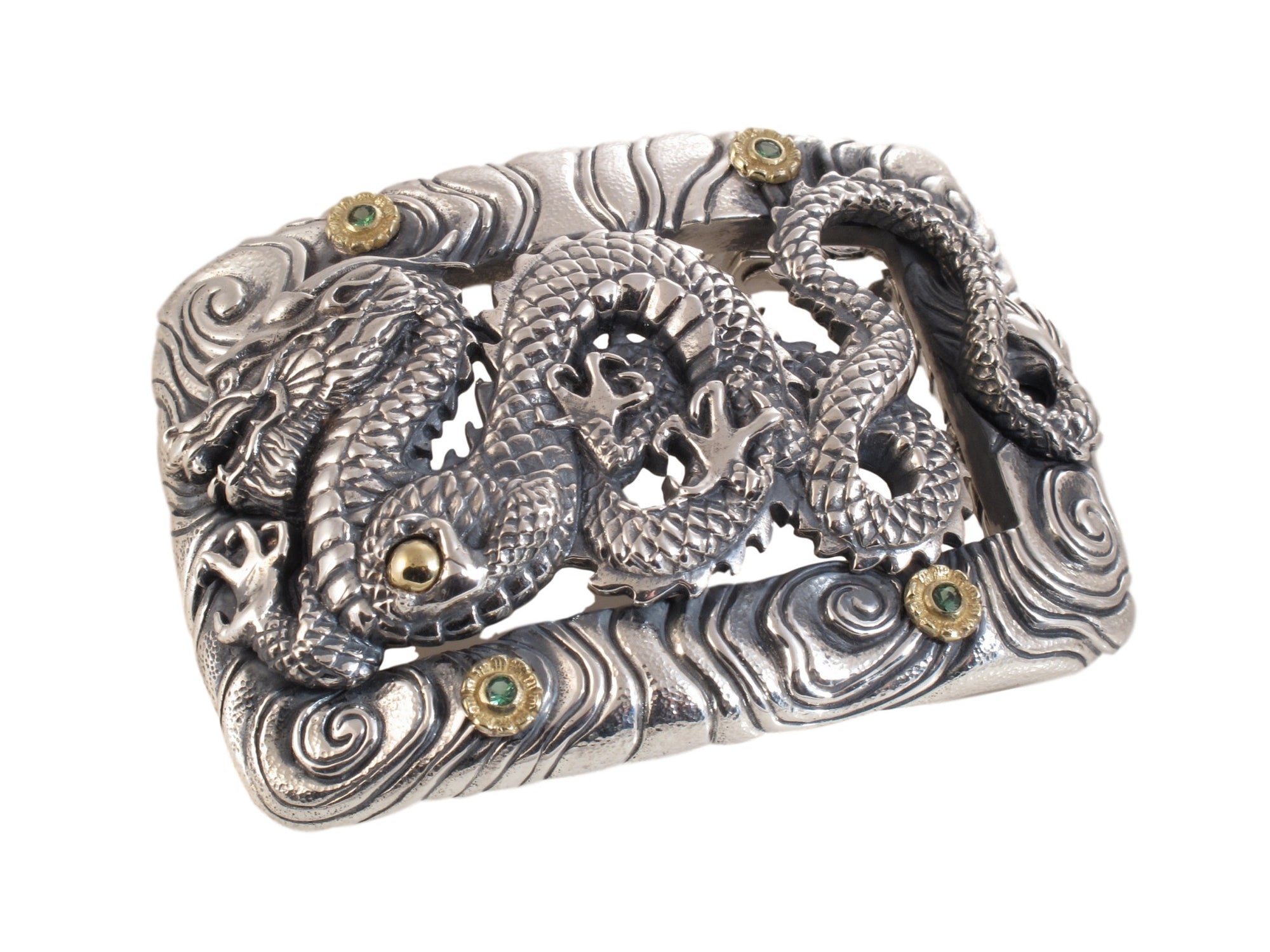 #1366 Custom Dragon Buckle in Sterling and 18kt with tsavorites