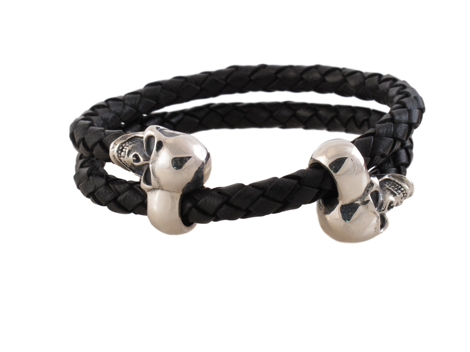 Double Sterling Skulls/ Leather Adjustable Bracelet
