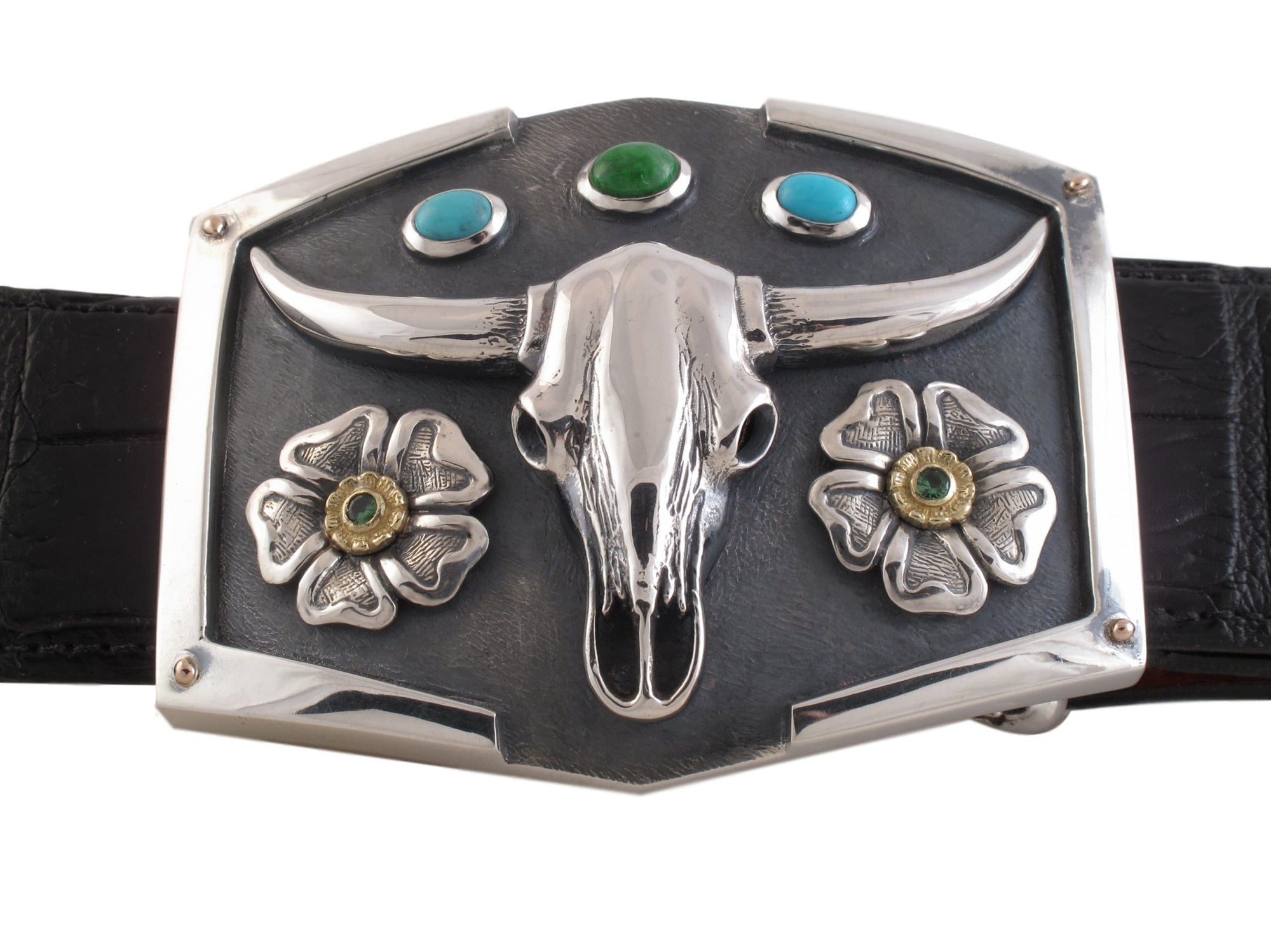#1358 Custom Sterling Skull Trophy Buckle with Stones front view