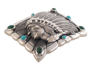 side view  Indian Chief Sterling trophy buckle w/turquoise, malachite