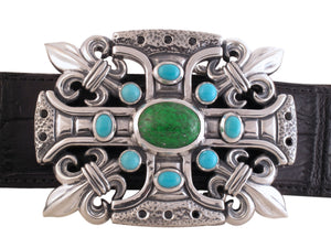 #1328 Custom sterling buckle with turquoise, maw sit sit and black spinel
