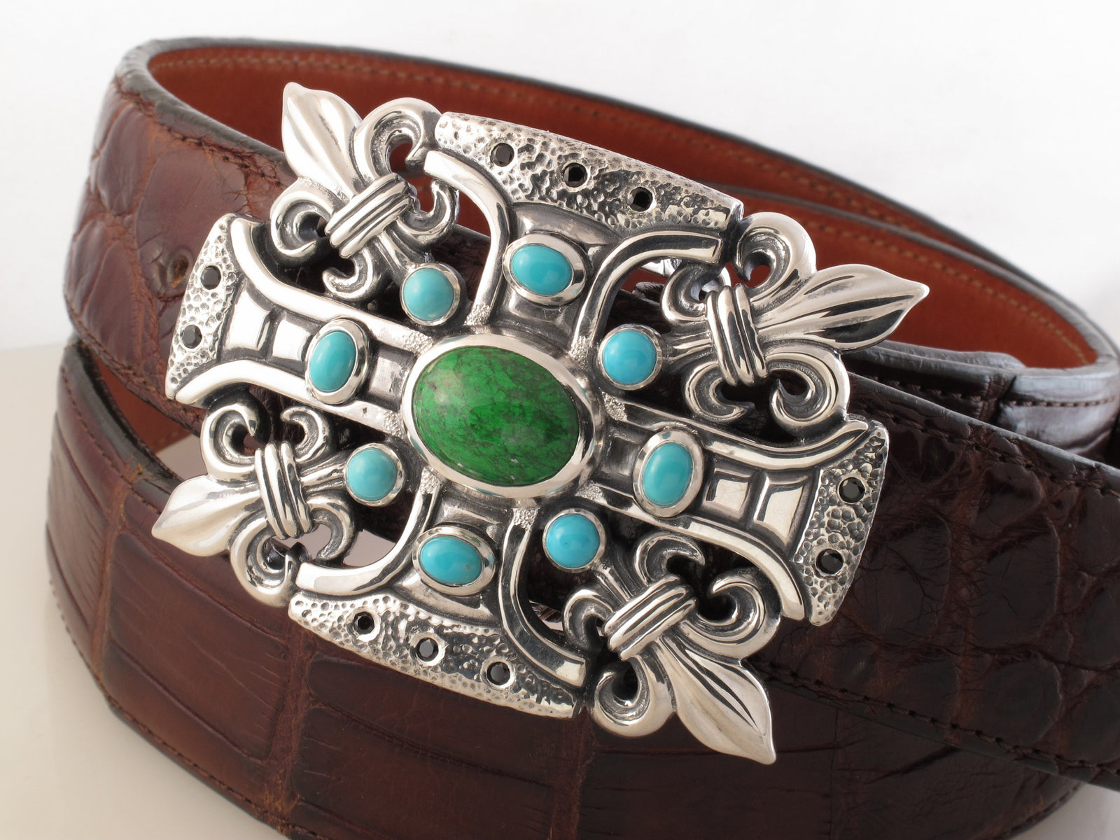 #1328 Custom sterling buckle with turquoise, maw sit sit and black spinel