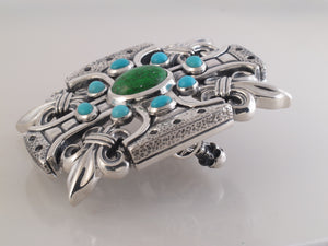 #1328 Custom Sterling Trophy Buckle Turquoise, Spinel, Maw Sit Sit