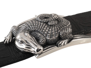 Side view of the Curved Alligator buckle clearly illustrating the sculptural detail of the body resting on the polished Art Deco inspired