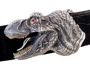 Front view of the Sterling T Rex Head buckle on a black alligator strap