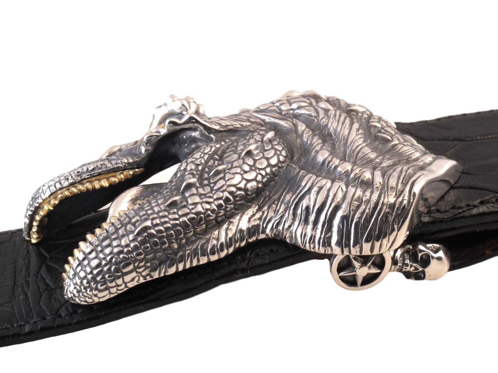 Front view of the Sterling T Rex Head buckle on a black alligator strap