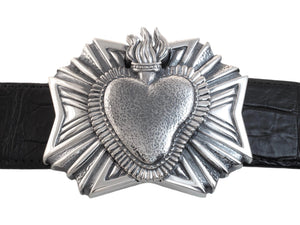 Front on view of the sterling Heart Milago buckle. Shown on a black 1.5" strap.