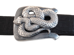 Front view of Coiled Snake buckle with the polished Snake standing in contrast to the distressed, antiqued buckle frame.