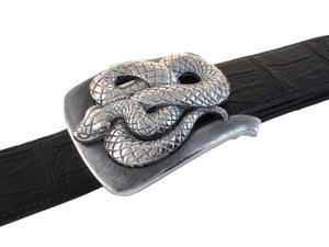 Angled top view of sterling Coiled Snake buckle on a black Alligator belt.