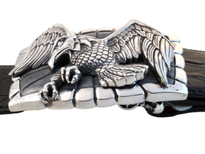 Side view of the Sterling Eagle Trophy buckle on a black alligator strap.