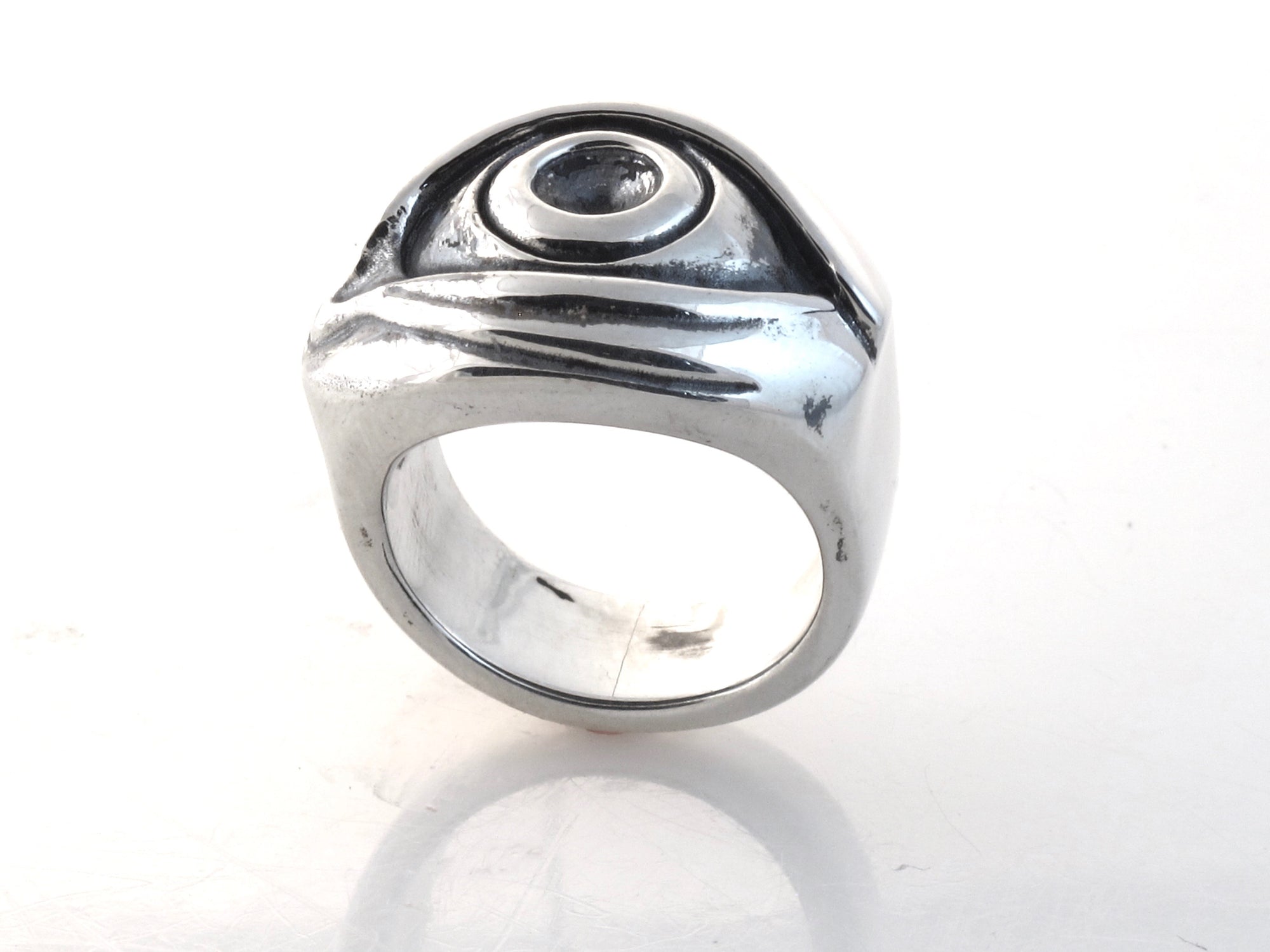 "Sterling Evil Eye Ring, #DR - 15, view from front angle."