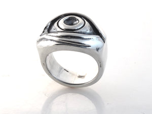 "Sterling Evil Eye Ring seen from front angle."
